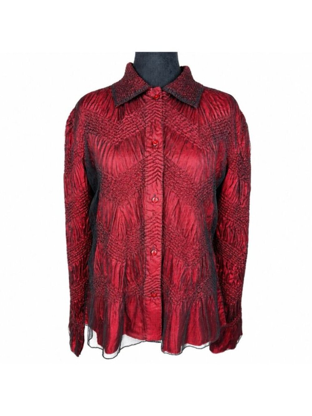 Coldwater Creek Red Crinkle Button-Up Top Lightweight Textured Chevron Medium